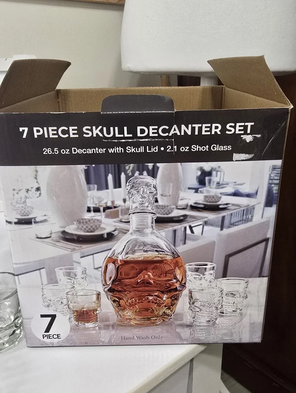 Clear Skull Decanter Set with Six Skull Shot Glasses - Clear Glass